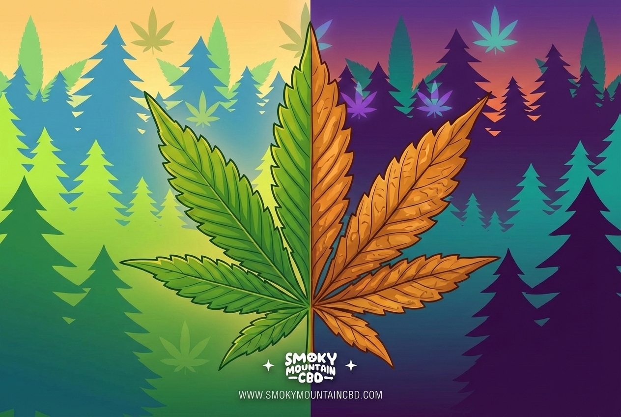 A comparative infographic style illustration. Three distinct columns or zones. The left is bright yellow/orange for THC (Energy/High), the middle is cool blue for CBD (Balance/Calm), and the right is deep purple for CBN (Sleep/Sedation). Icons representing a lightning bolt, a scale, and a moon respectively.